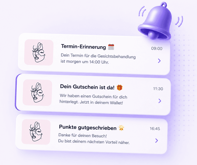 In-App-Benachrichtigungen mit Terminerinnerung, Gutschein und gutgeschriebenen Punkten