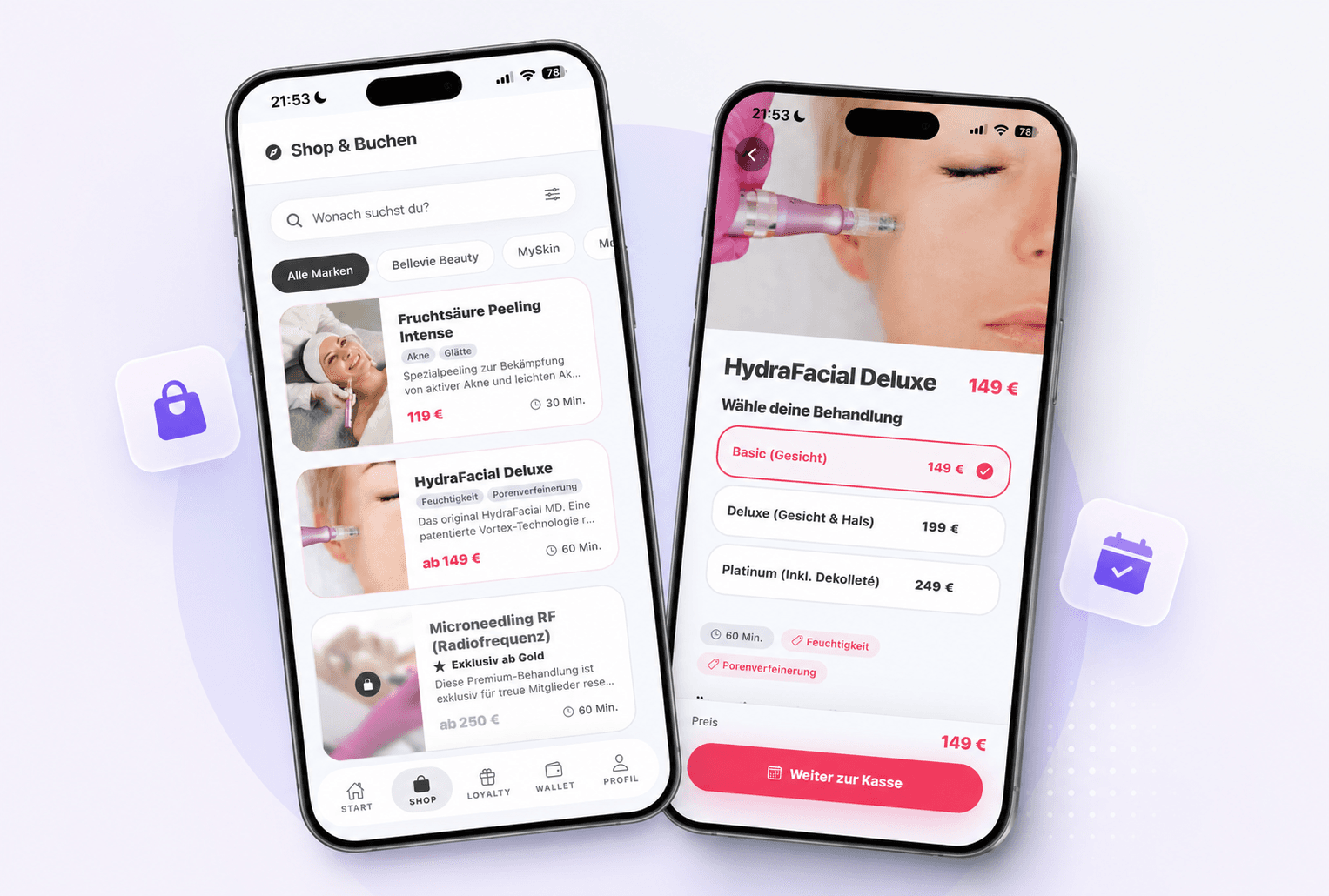 Zwei Smartphones mit dem In-App-Shop und den Buchungsscreens der KundenLoop-App